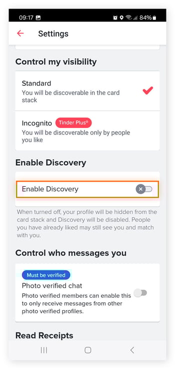 Ativar a descoberta no aplicativo Tinder