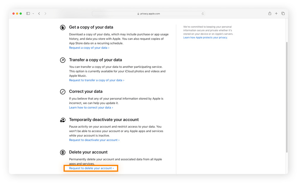 To delete your Apple account, select Delete your account, which is at the bottom of the list of options.