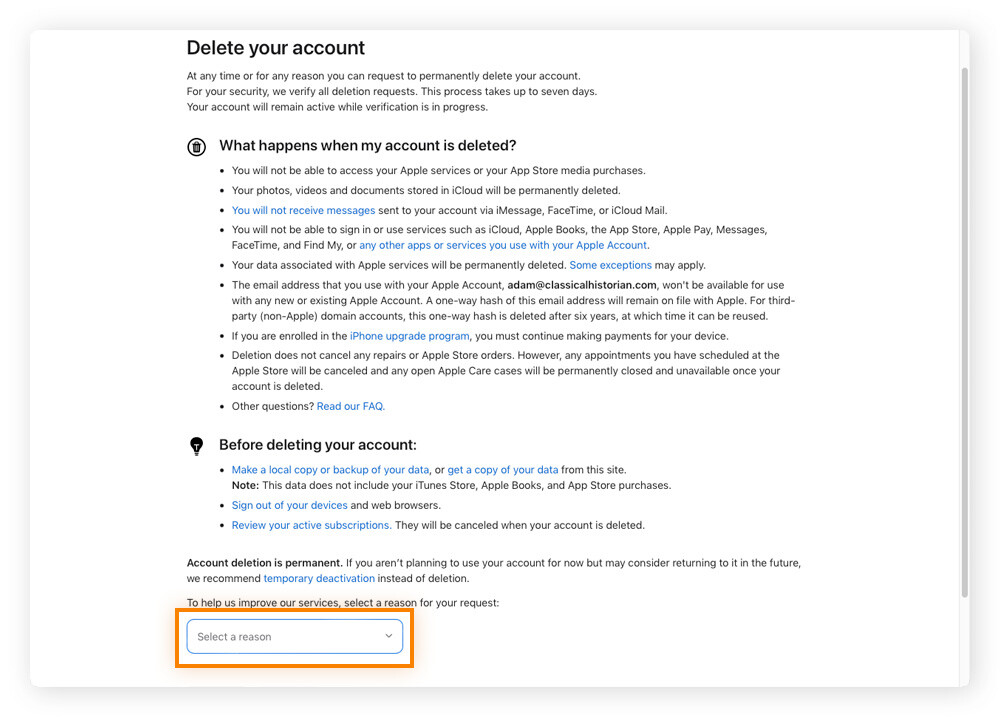 To delete your Apple ID, select a reason for wanting to delete your account at the bottom of the screen.