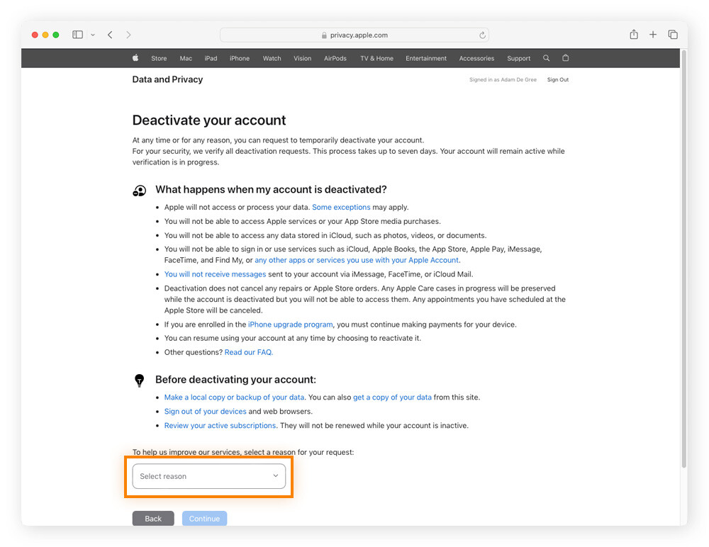 Before deactivating your Apple ID, select your reason for deactivating your Apple ID.
