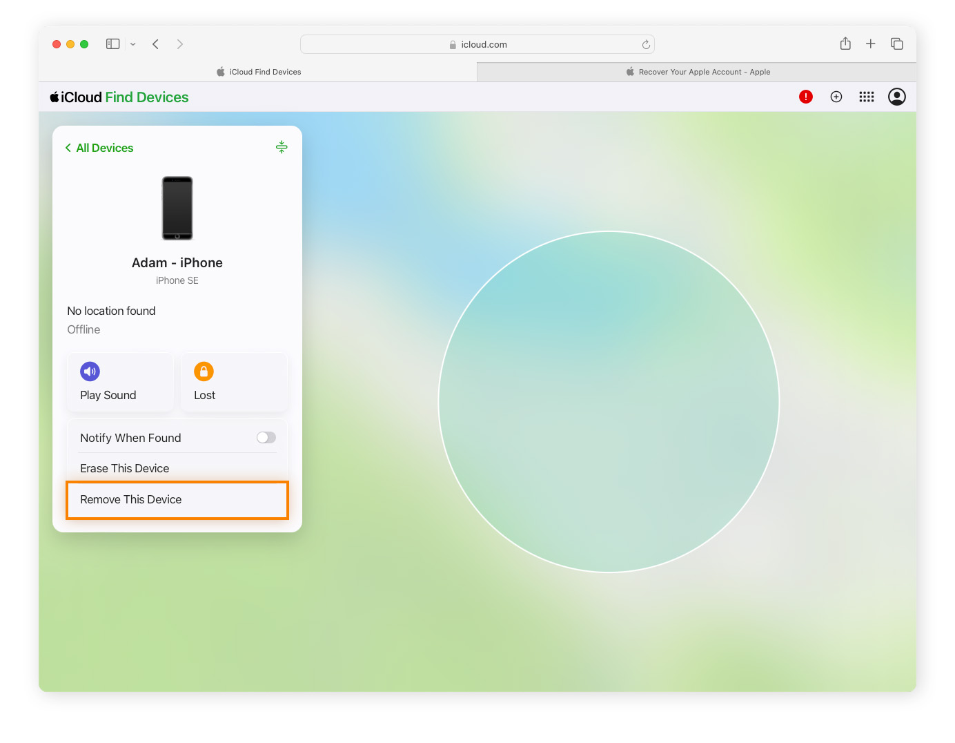 To remove the device from your Apple ID, select Remove This Device.