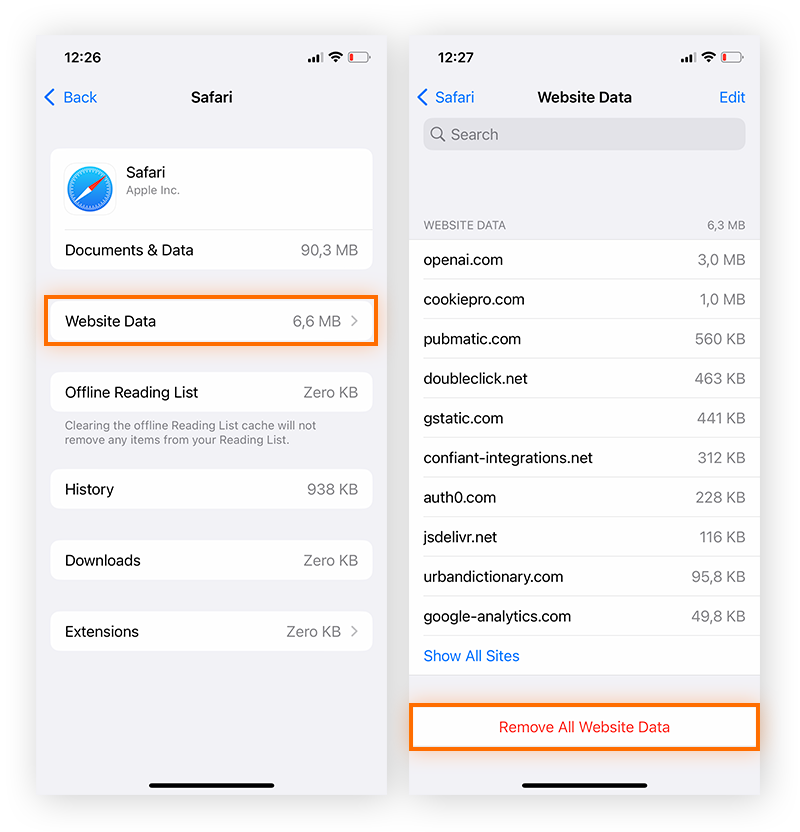 Eliminación de todos los datos del sitio web en Safari para borrar la memoria caché del navegador del iPhone.
