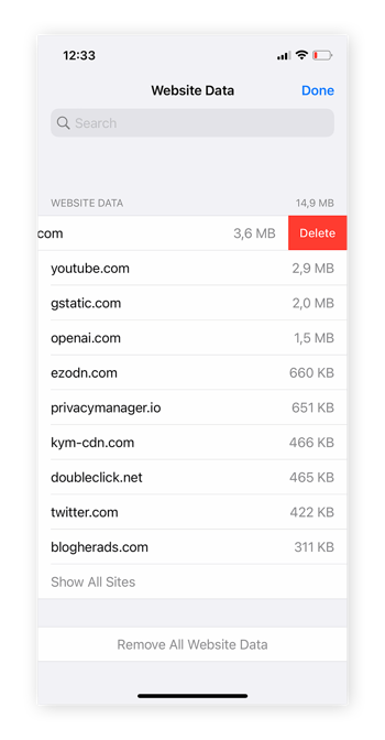 Eliminación de todos los datos de la memoria caché de Safari o datos de determinados sitios web.
