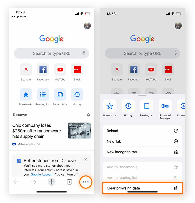 Eliminación de los datos de navegación de Chrome para el iPhone desde el navegador.