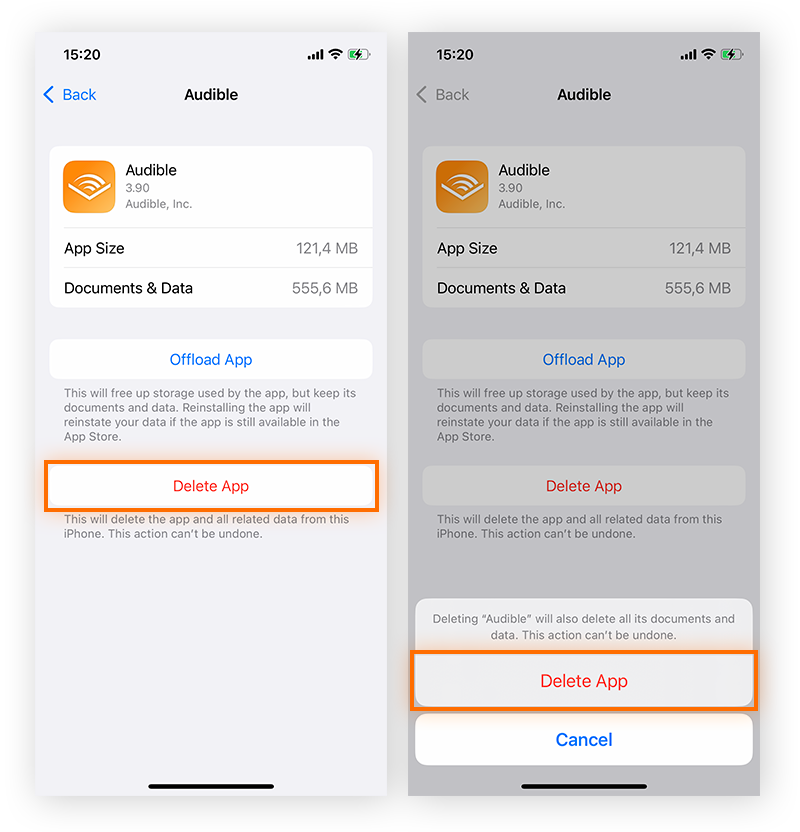 Löschen einer App unter iOS zum Entfernen von App-Daten im Cache.