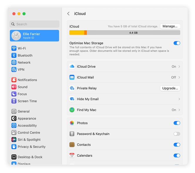 Sur Mac, accédez à Réglages Système > Identifiant Apple > iCloud pour consulter votre stockage iCloud.