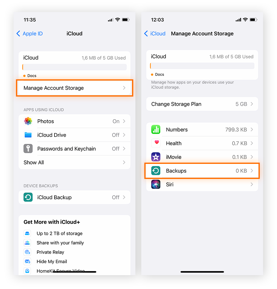 Dans le stockage iCloud, appuyez sur Gérer le stockage du compte > Sauvegardes pour supprimer les données de sauvegarde.