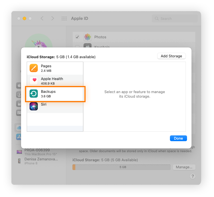 Supprimer les sauvegardes dans le stockage iCloud sur Mac.