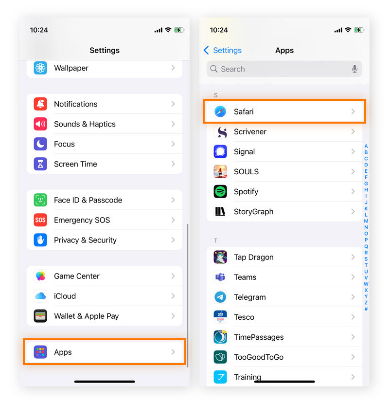 Navigating to the Safari app settings in the iOS Settings menu.