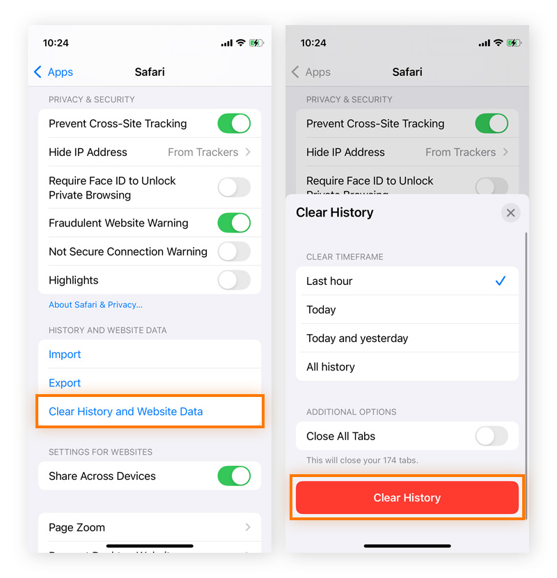 Deleting Safari browsing history in the iOS Settings app on iPhone.