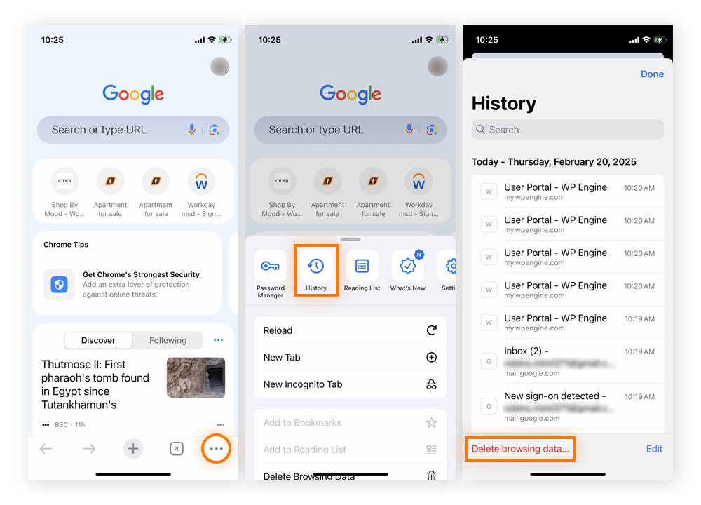 Accessing browsing history in the Chrome app on iPhone.