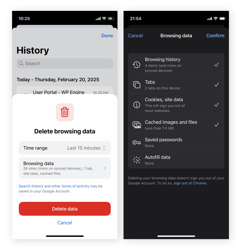 Deleting browsing history in the Chrome app on iPhone.