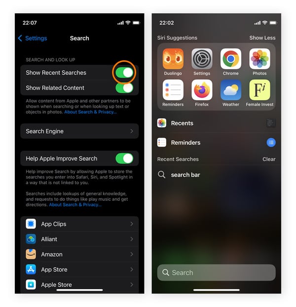 Clearing Spotlight search bar history on an iPhone.