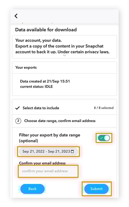 Escolha um intervalo de datas (opcional), informe seu endereço de e-mail e toque em Enviar.