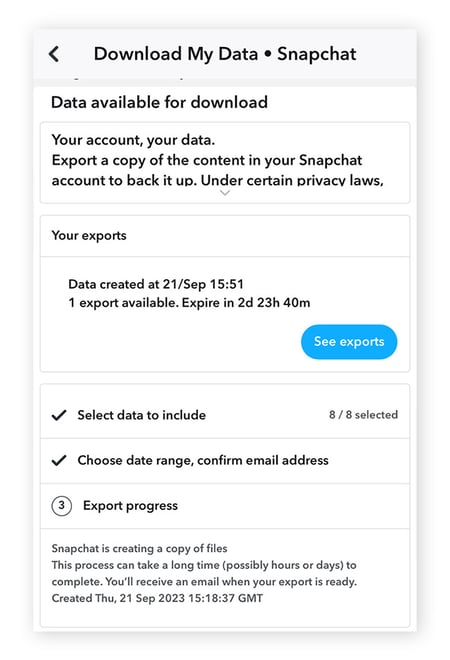 Uma mensagem de confirmação com os detalhes da exportação de dados.