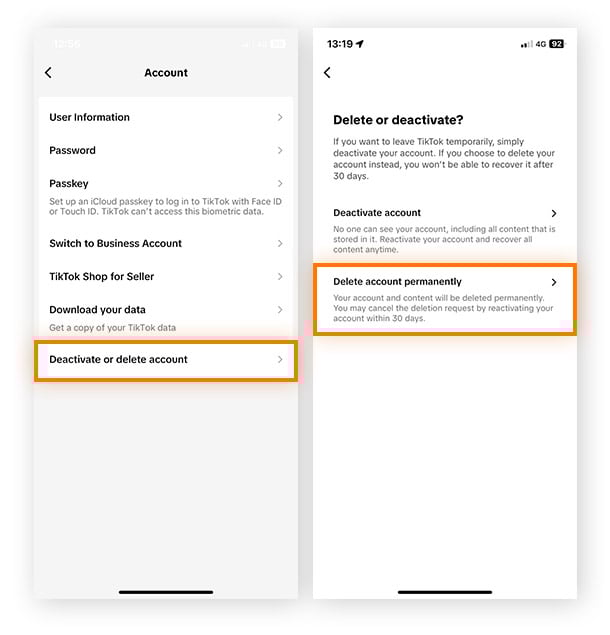 Ouverture de Désactiver ou supprimer les paramètres d’un compte sur TikTok.