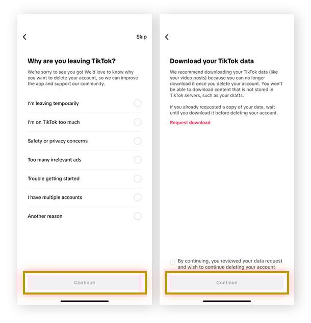 Capture d’écran de la page Télécharger vos données TikTok dans l’application TikTok.