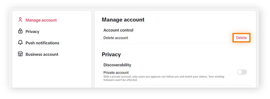 Suppression de votre compte TikTok dans les paramètres du compte dans un navigateur Web.