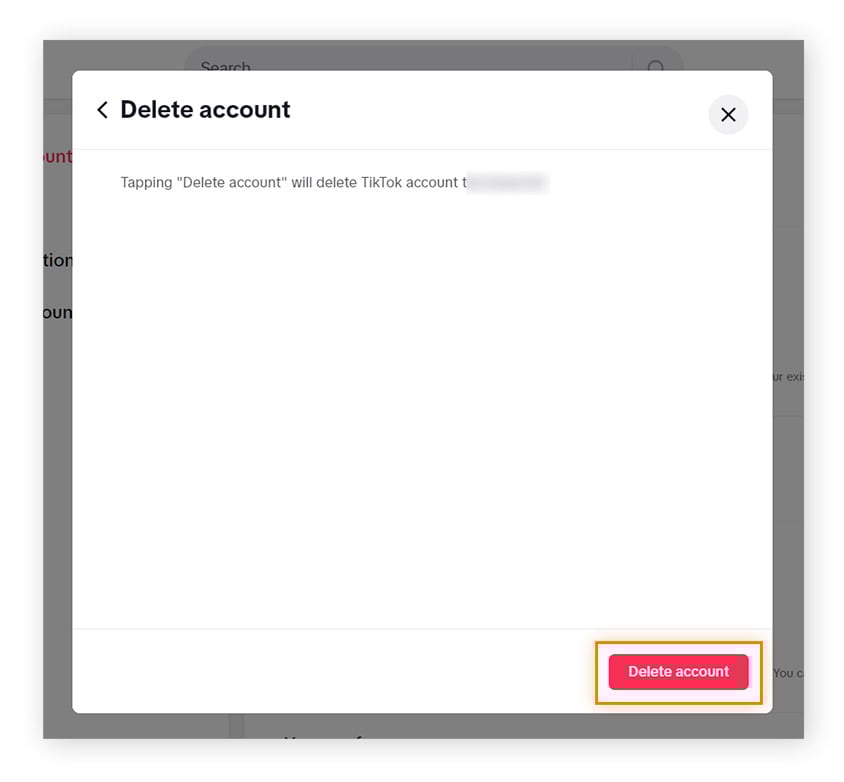 Page de confirmation finale avant la suppression du compte sur le site Web de TikTok.