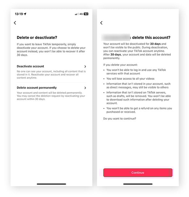 Capture d’écran du processus de désactivation de TikTok qui explique ce que la désactivation implique pour les utilisateurs.