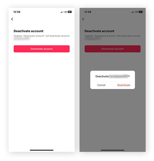 Capture d’écran de la page finale du processus de désactivation de TikTok via l’application.