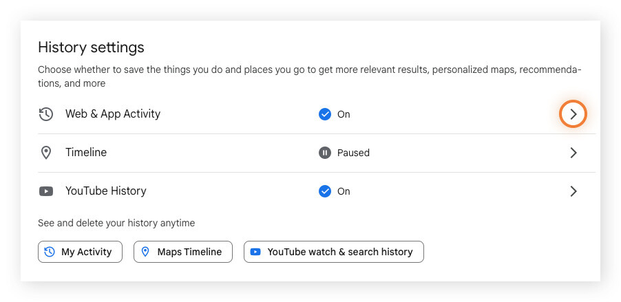 Em Configurações de histórico, clique em Atividade na web e de aplicativos.
