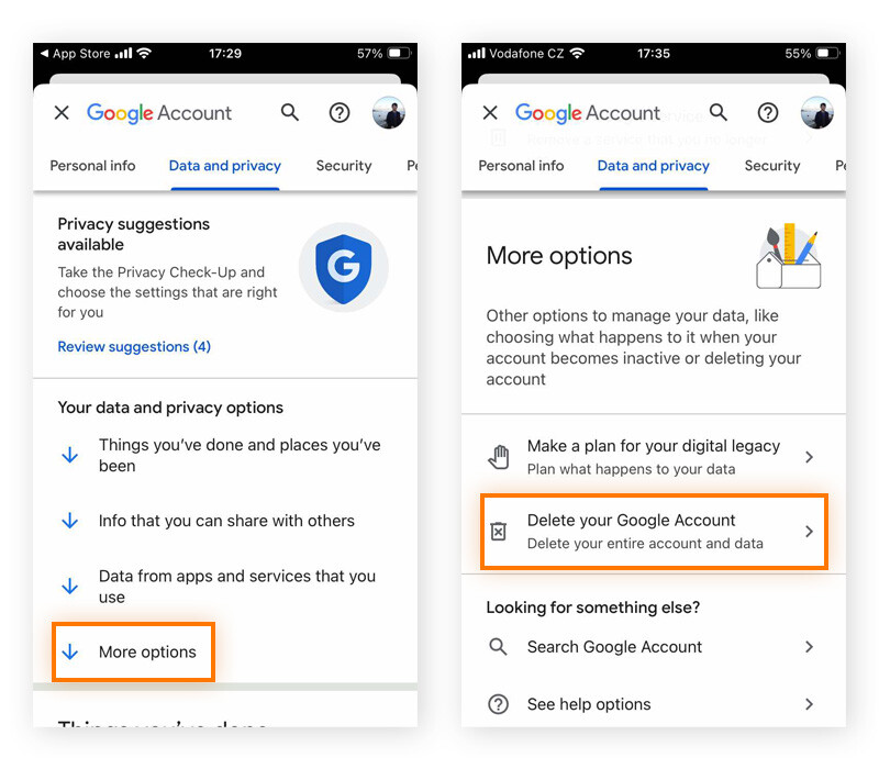 Escolha o menu Dados e privacidade, toque em Mais opções e em Excluir sua conta do Google.
