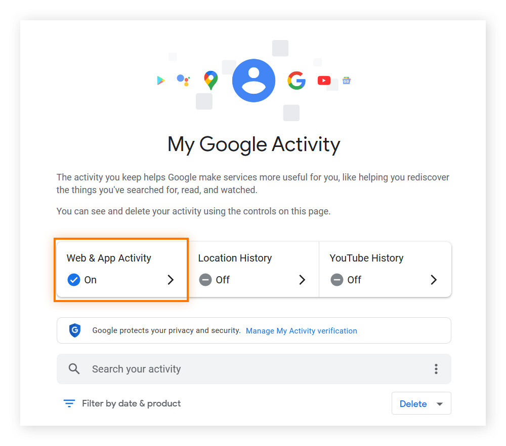 Clique no botão Ativar em Atividades da web e de aplicativos para impedir que o Google rastreie suas pesquisas e navegação online.