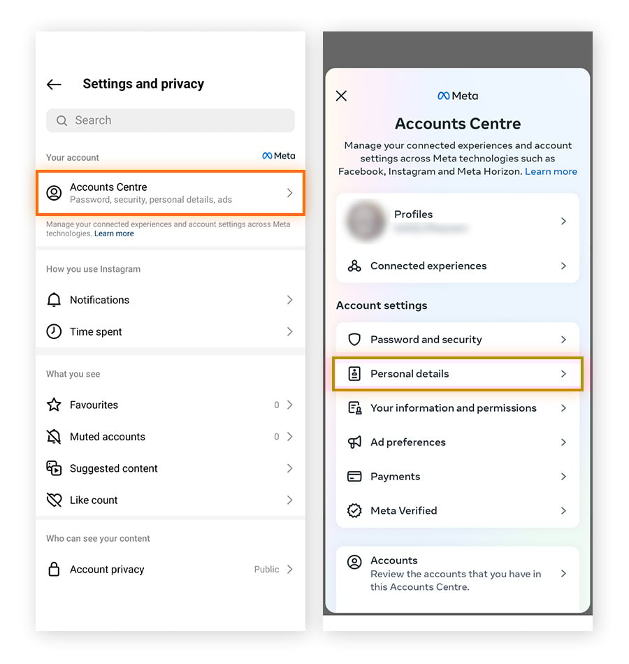 El menú Configuración y privacidad en la aplicación Instagram, con el botón Centro de cuentas resaltado