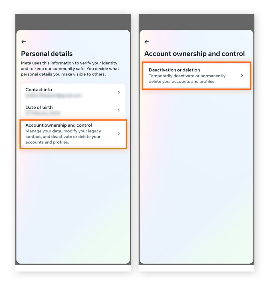 Las opciones Datos personales y Propiedad y control de la cuenta en la aplicación Instagram