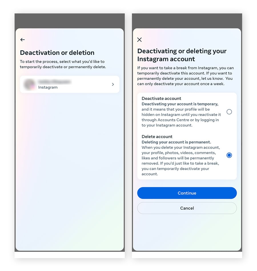 El menú Desactivación o eliminación en la aplicación Instagram, con la opción Eliminar la cuenta seleccionada.