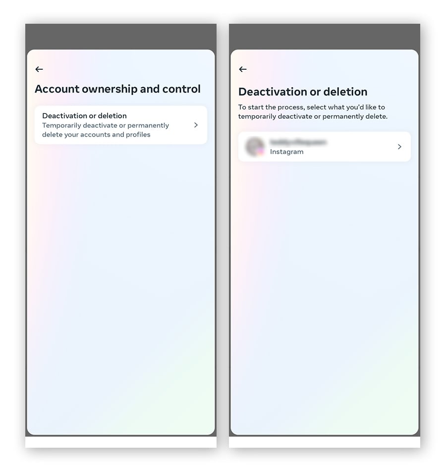 El menú Desactivación o eliminación en la aplicación Instagram, con la cuenta del usuario seleccionada.