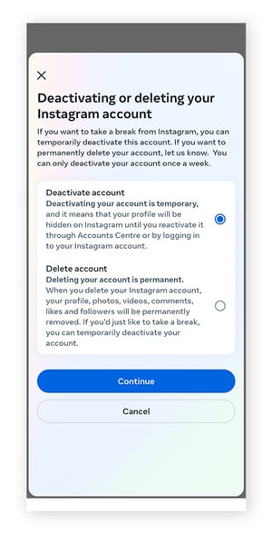 El menú Desactivación o eliminación en la aplicación Instagram, con la opción Desactivar la cuenta seleccionada