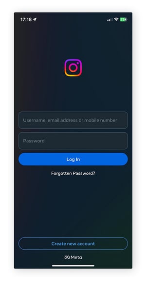 La pantalla de inicio de sesión de la aplicación Instagram