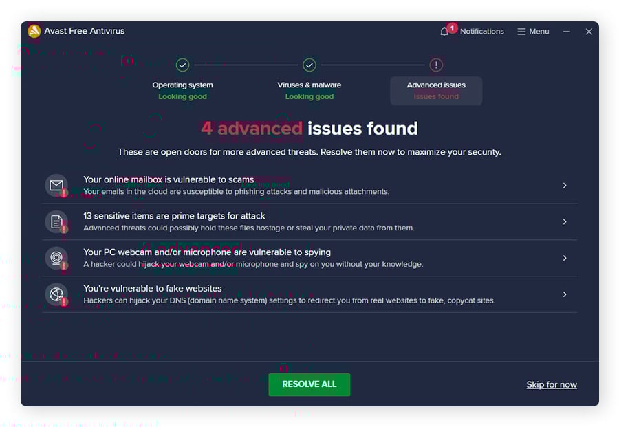 Gefundene Probleme unter Windows 11 nach einem Avast Free Antivirus-Malware-Scan.