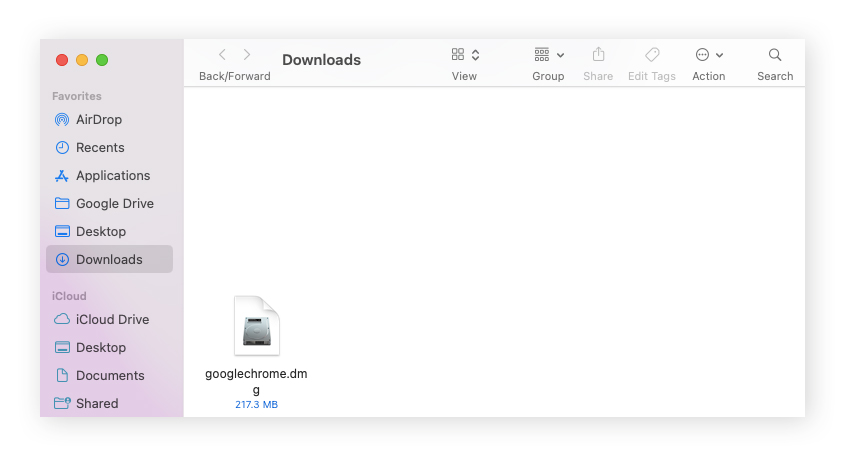 The downloaded Google Chrome file in the Downloads folder.