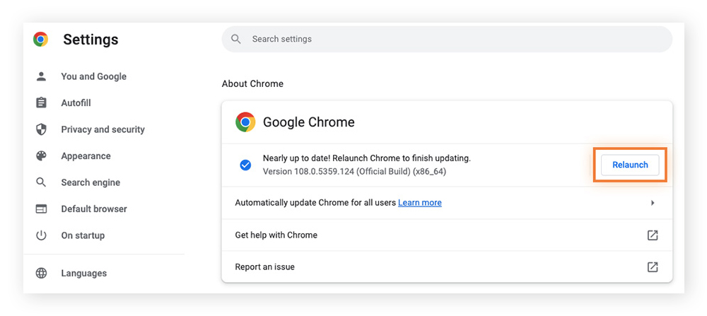 Relaunch Chrome on your Mac to finish updating it.