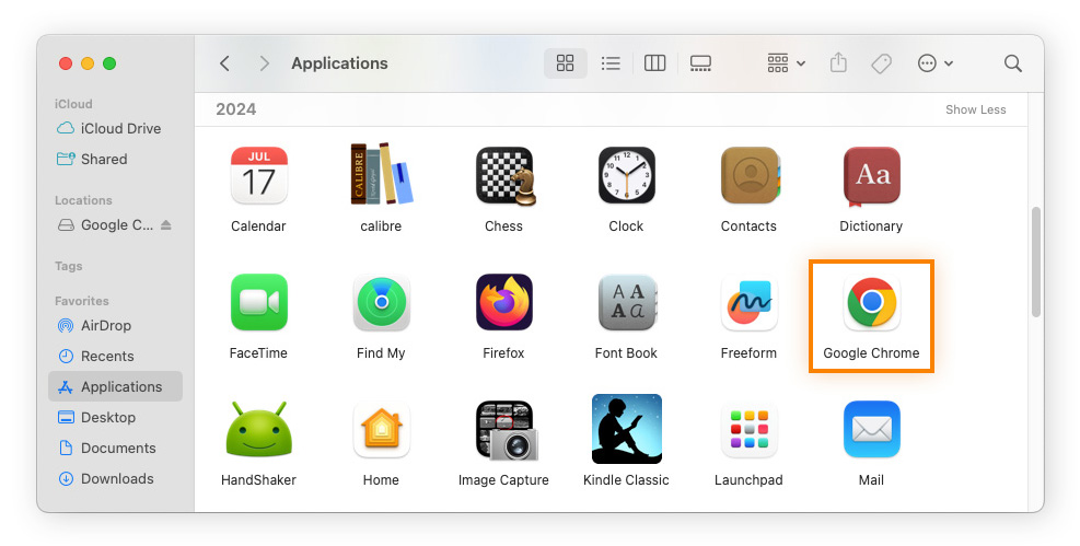 To uninstall Chrome on a Mac or Macbook, find the Chrome app in Finder.