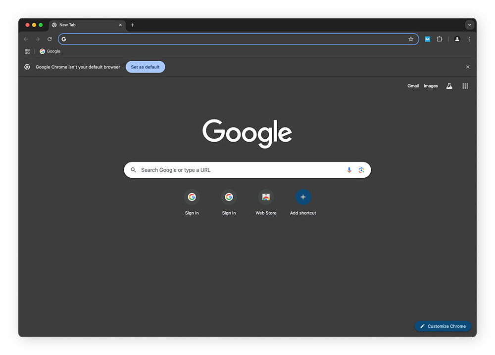 To make Chrome your default browser on your Mac, select Set as default in Chrome.