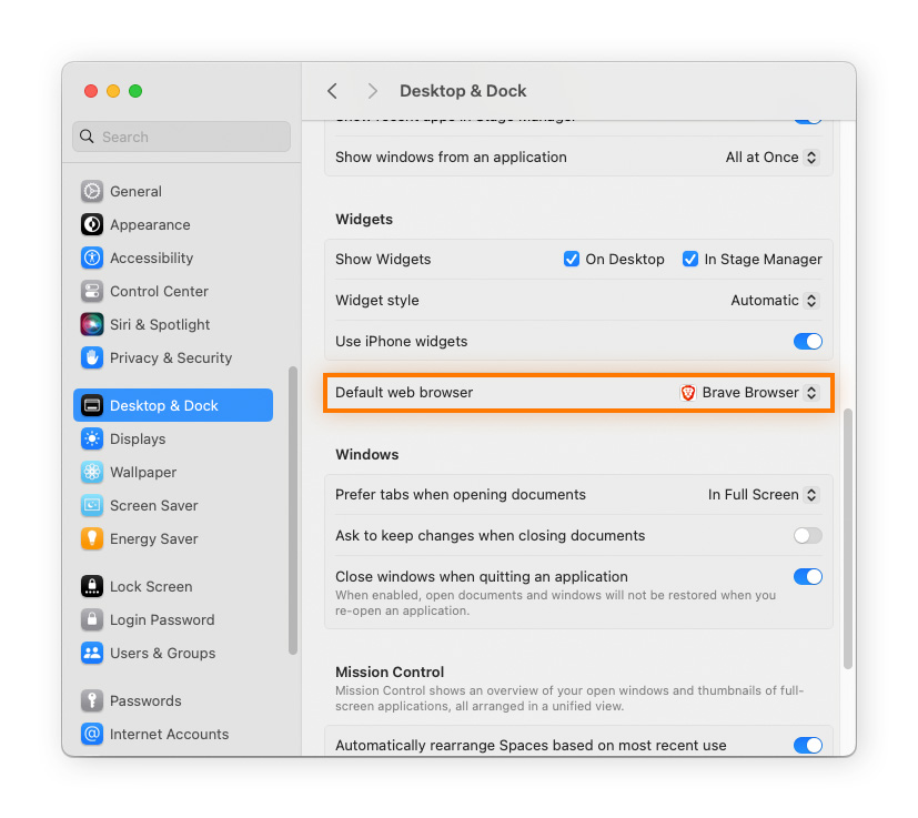 Make Chrome your default browser by selecting Desktop & Dock and navigating to Default web browser.
