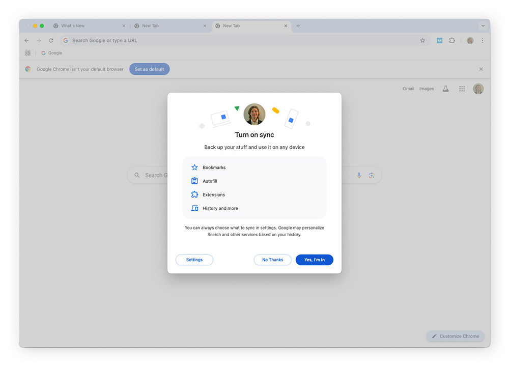 To sync your data in Chrome on your Mac, select Yes, I'm in after signing in.