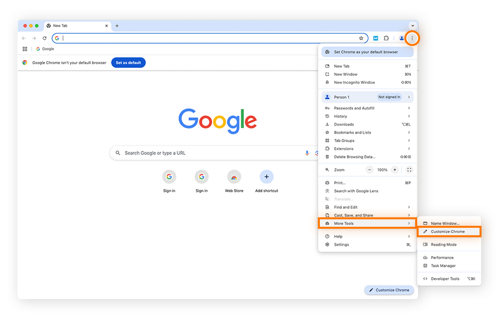 To customize Chrome on your Mac or Macbook, hover over More Tools and select Customize Chrome.