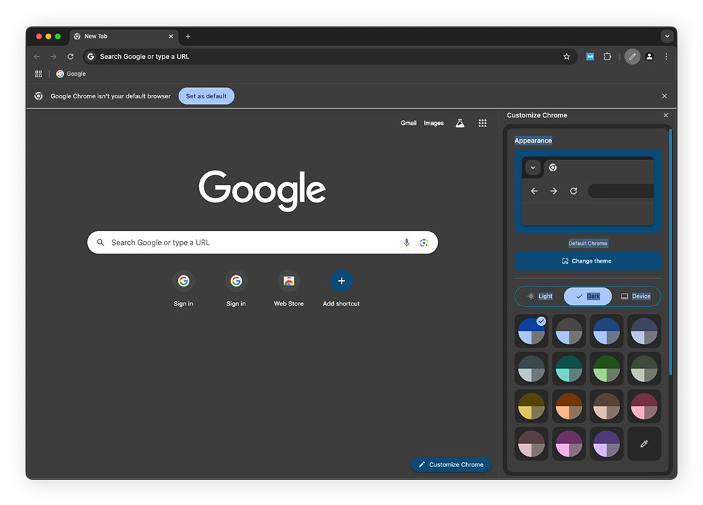 Customize the appearance of Chrome on your Mac or Macbook by selecting the theme and color scheme of your choice.