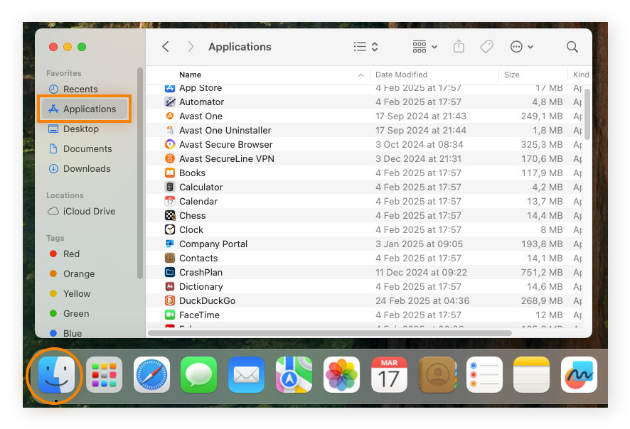 Click the Finder icon (smiling face) in your Dock, then Applications on the left-hand side.