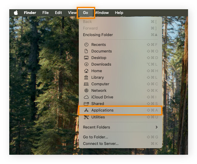 Click the Go menu at the top, then the Applications folder from the dropdown list.