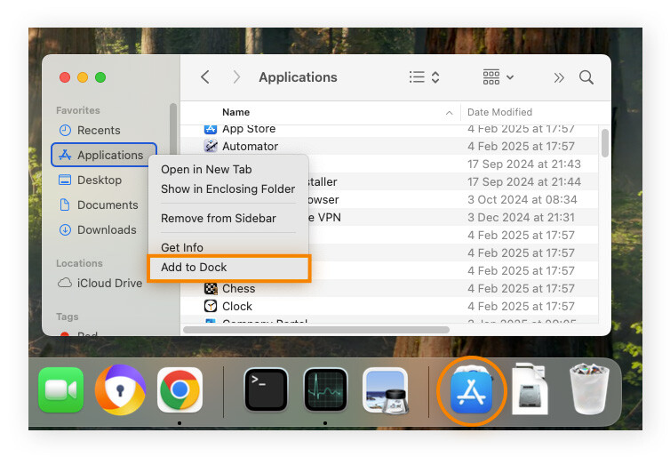 Adding the Applications folder to a Mac's Dock.
