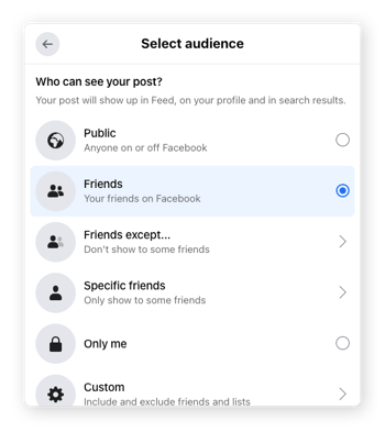 Alterar suas preferências de compartilhamento no Facebook.