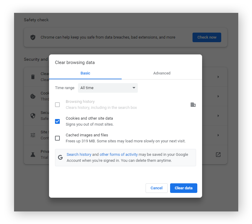 Excluir os cookies do navegador e outros dados do site no Google Chrome.