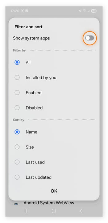 To show all apps on Android, including hidden apps, tap Show system apps.