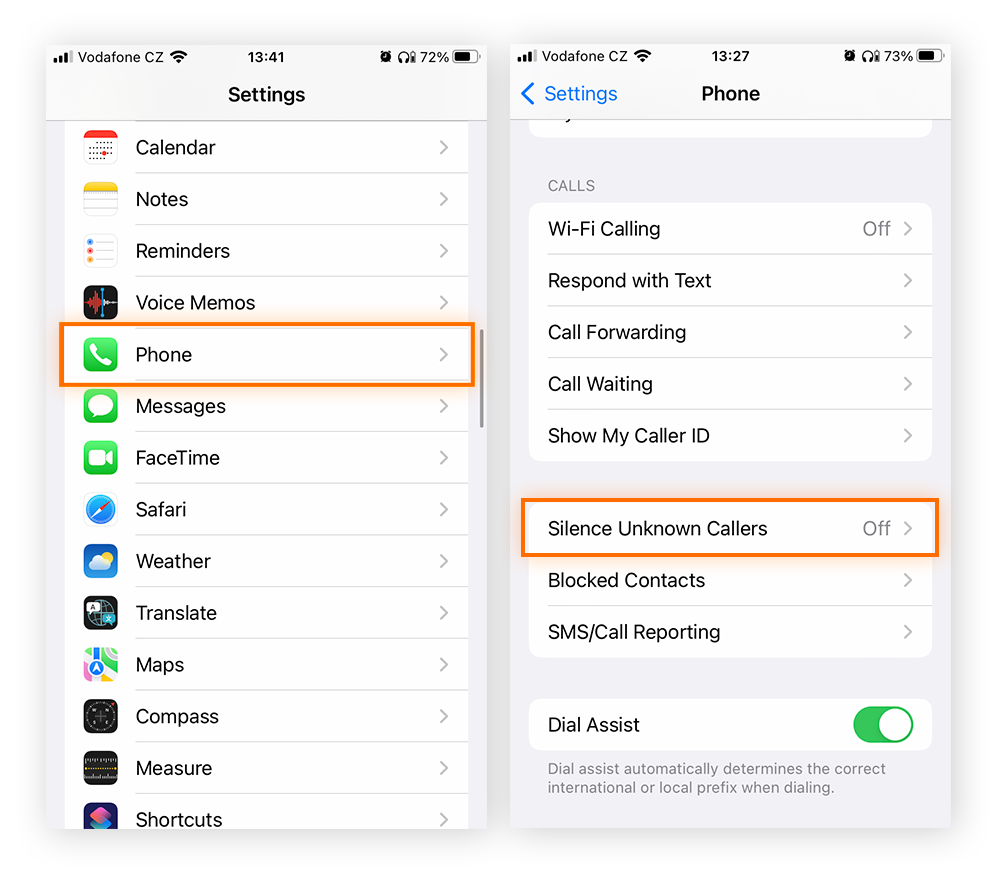Acceder a la configuración Silenciar los números desconocidos en un iPhone.
